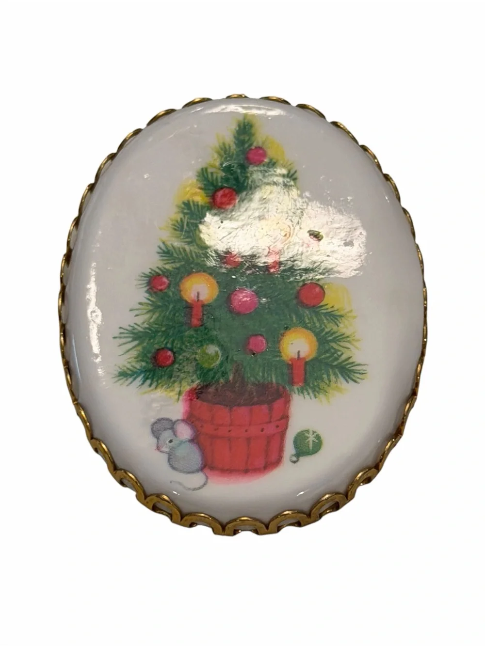 Vintage Hallmark Cameo Holiday Christmas Tree Mouse Brooch Pin Festive Gold